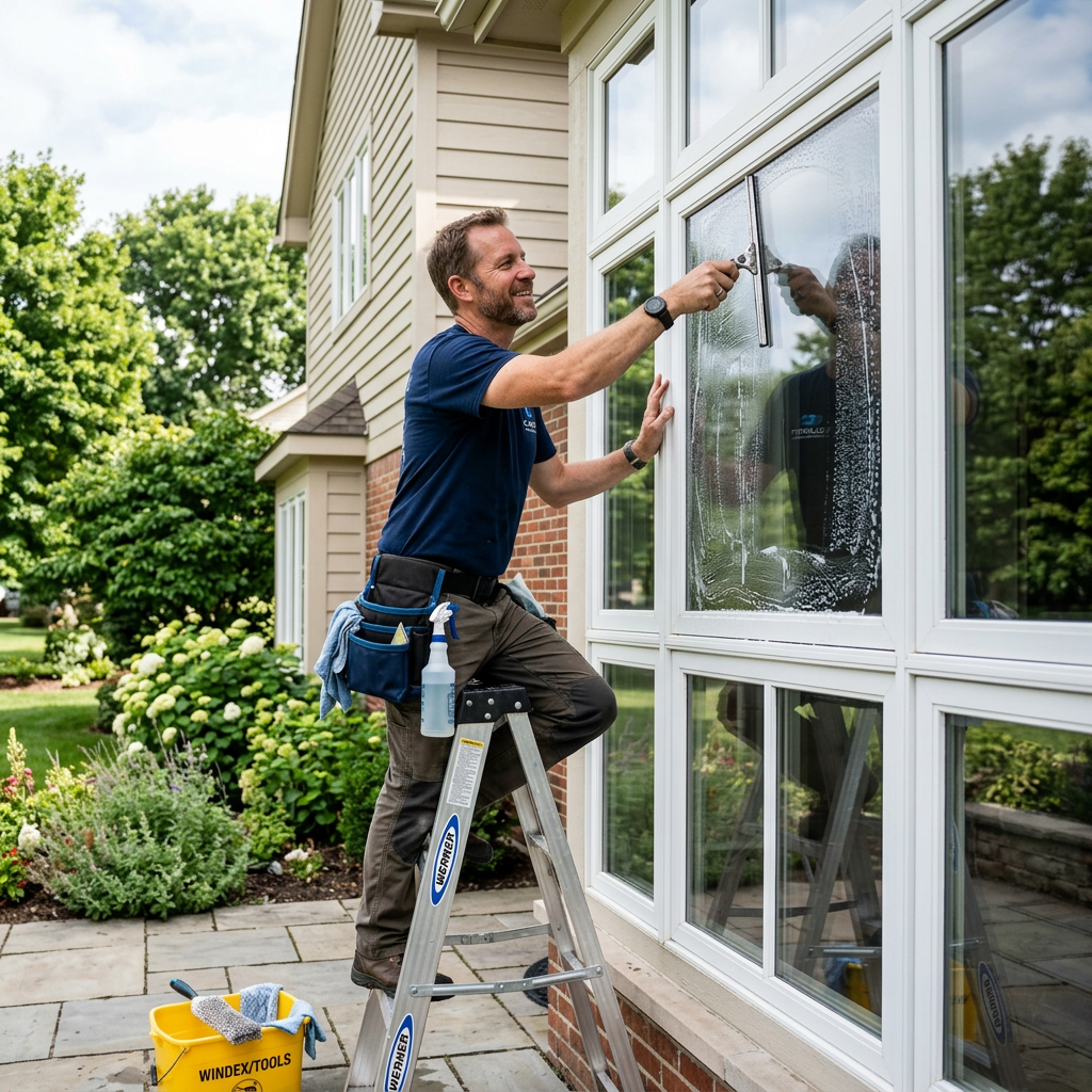 Man cleaning a large window with a squeegee on a ladder outside a house